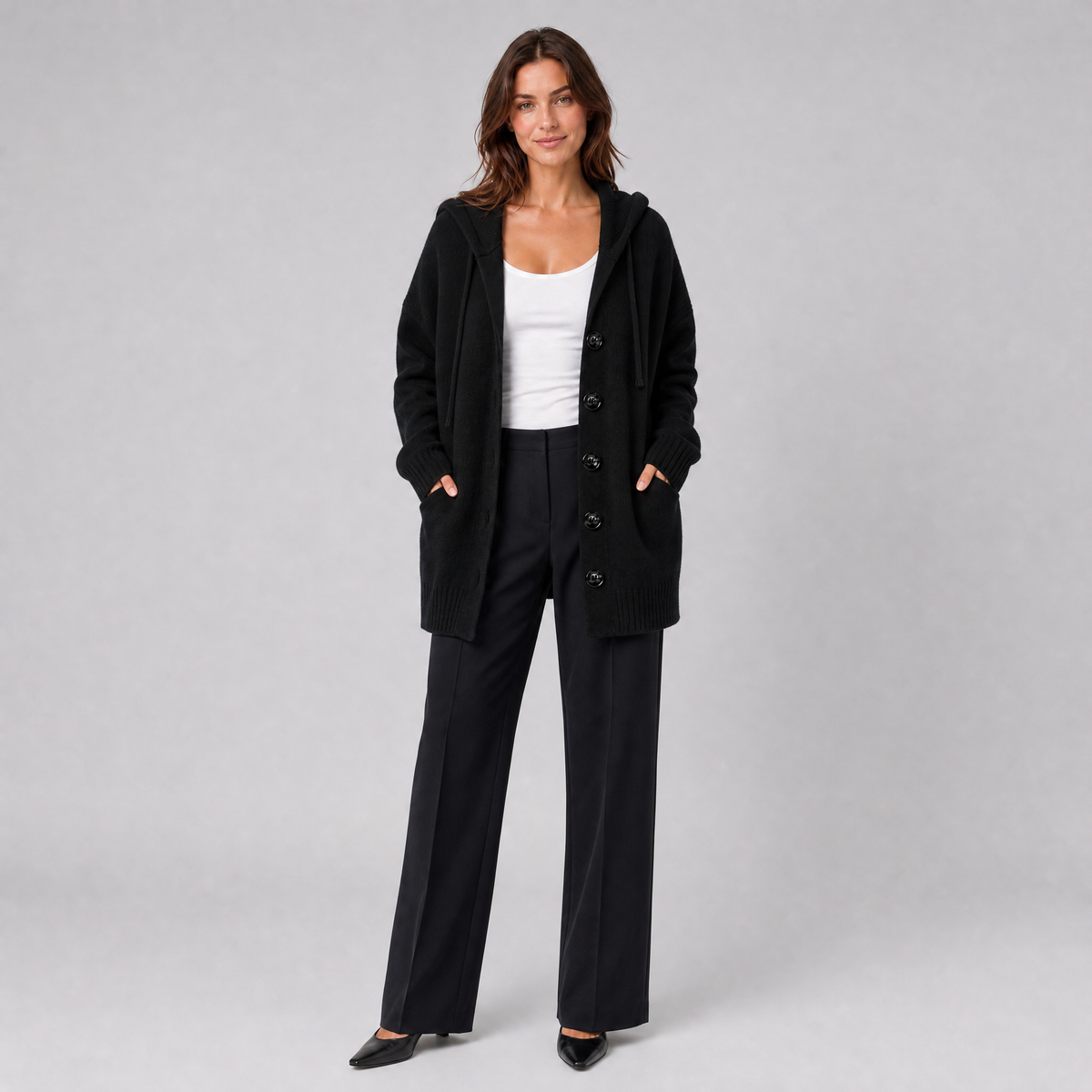 Women's Wool Blend Relaxed Button Front Hooded Cardigan
