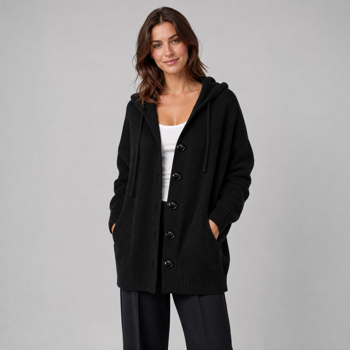 Women's Wool Blend Relaxed Button Front Hooded Cardigan