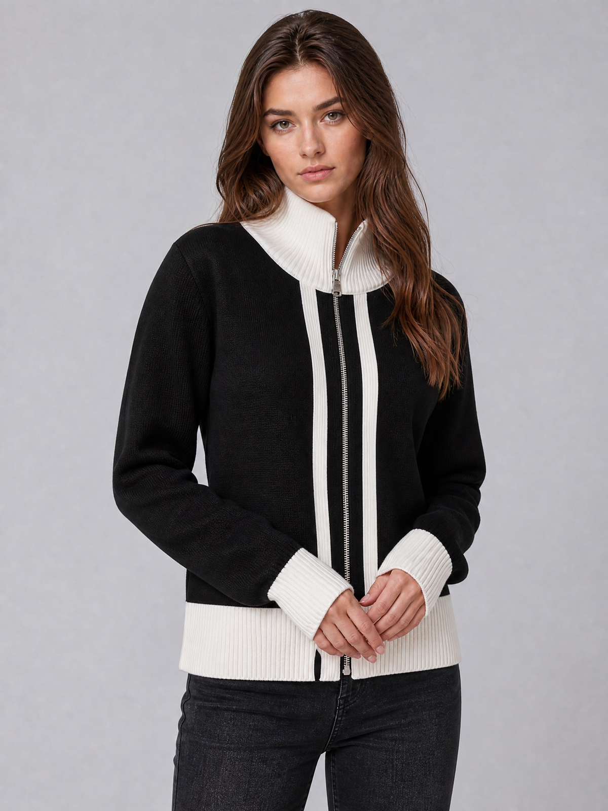 Women's Wool Blend Relaxed Contrast Trim Full Zip Cardigan