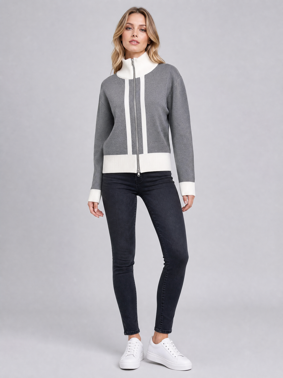 Women's Wool Blend Relaxed Contrast Trim Full Zip Cardigan