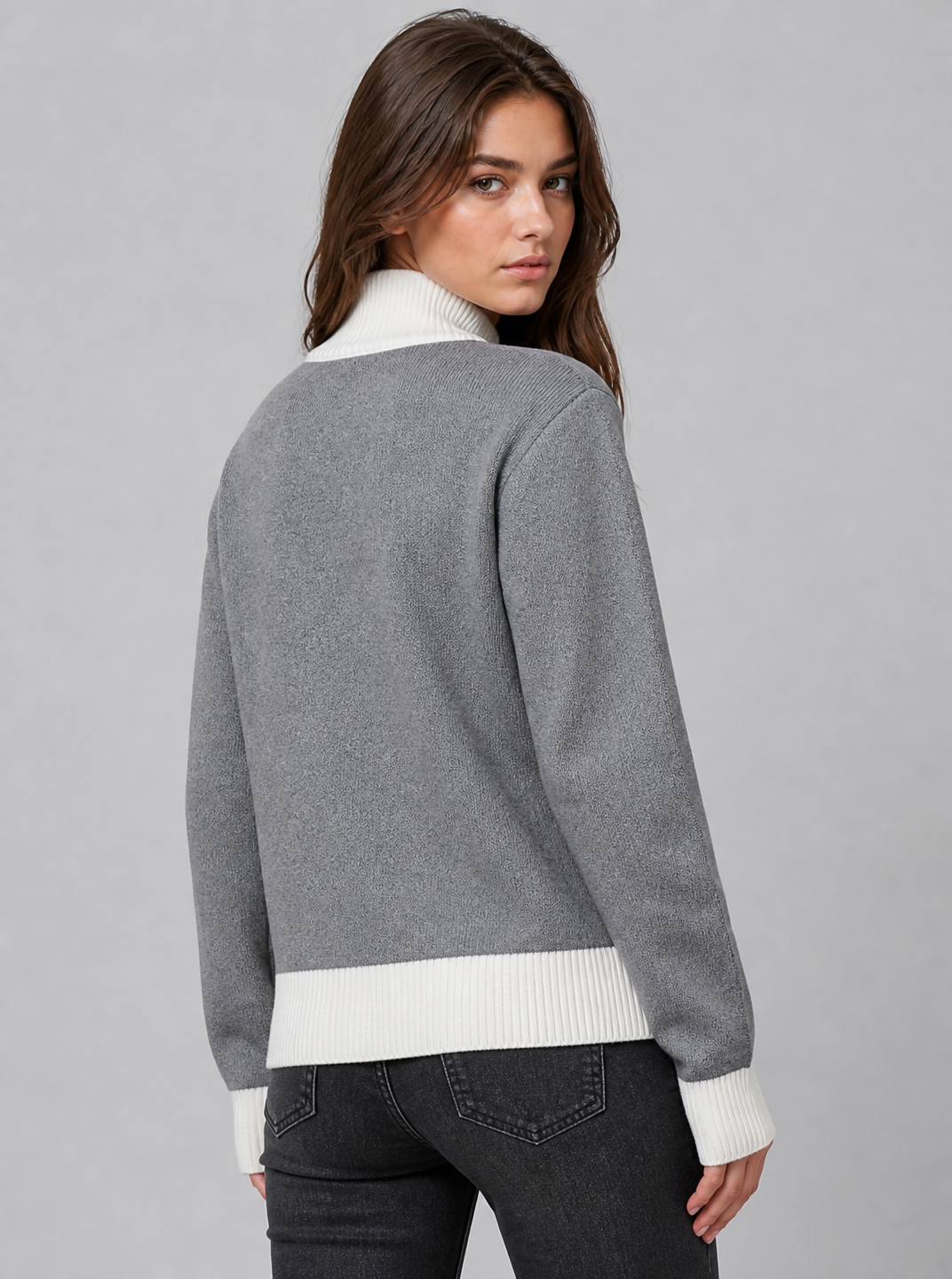 Women's Wool Blend Relaxed Contrast Trim Full Zip Cardigan