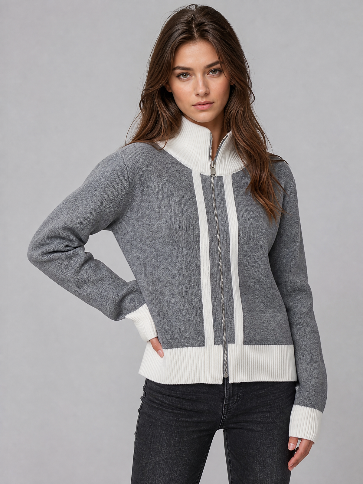 Women's Wool Blend Relaxed Contrast Trim Full Zip Cardigan