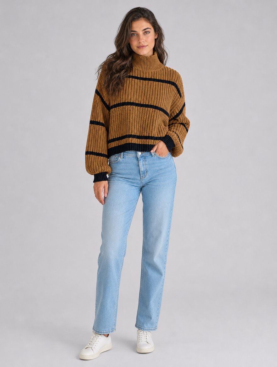 Women's Wool Blend Ribbed Striped Roll Neck Relaxed Jumper - product view 1