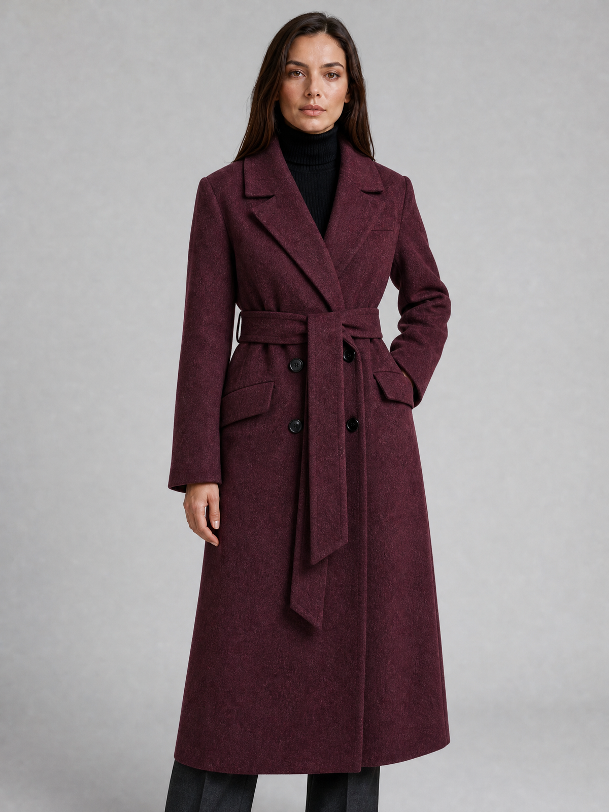 Women's Wool Blend Sharp Lapel Longline Belted Overcoat Tailored Fit
