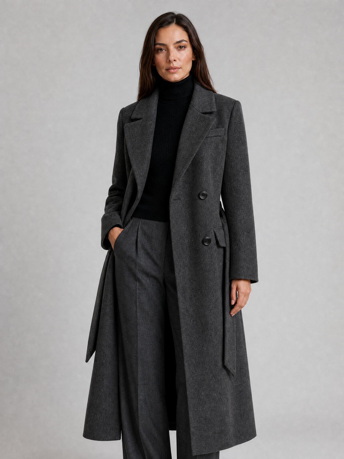 Women's Wool Blend Sharp Lapel Longline Belted Overcoat Tailored Fit