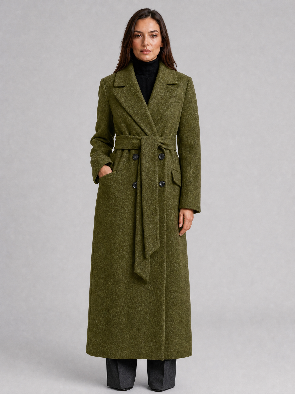 Women's Wool Blend Sharp Lapel Longline Belted Overcoat Tailored Fit