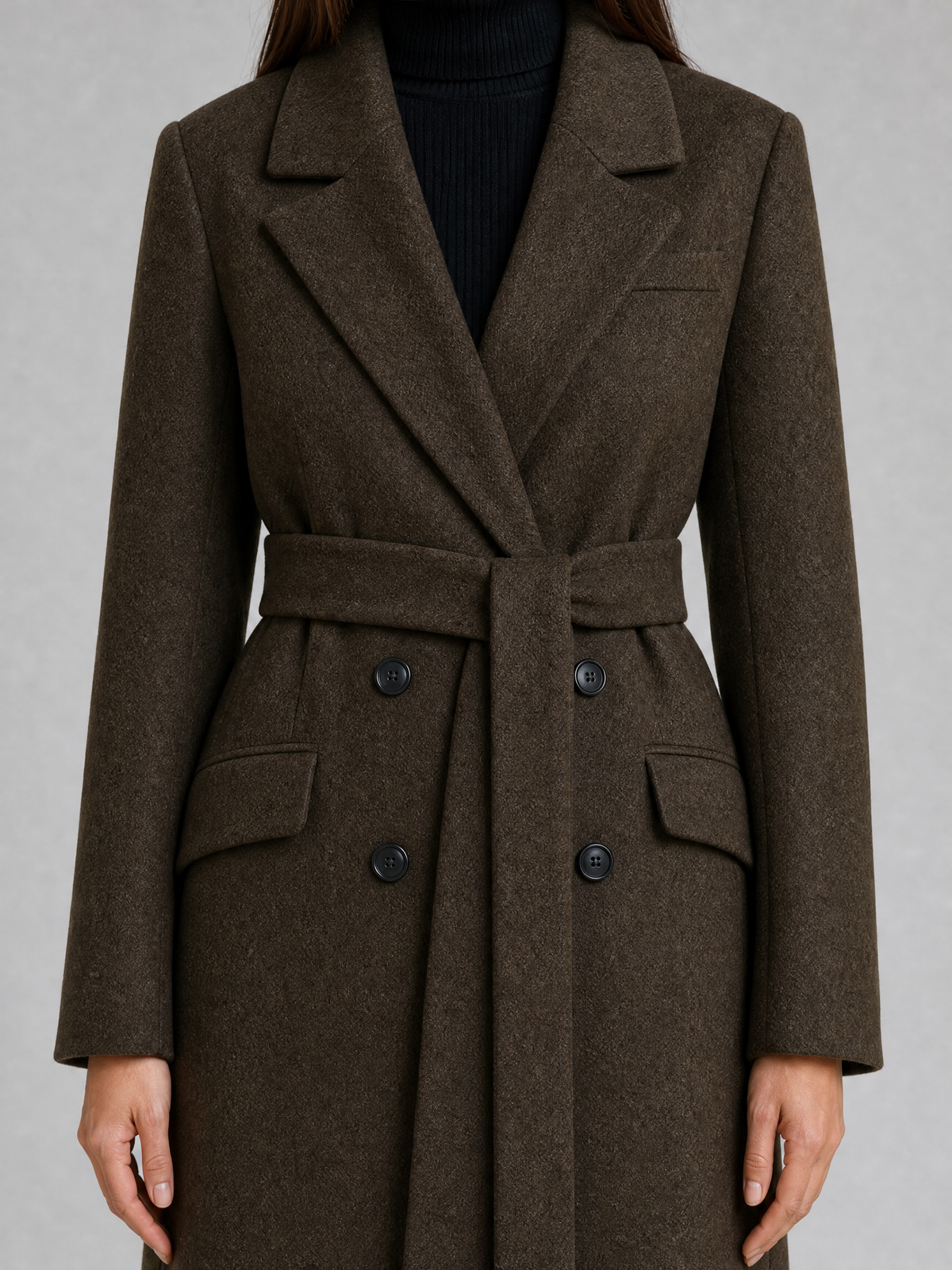 Women's Wool Blend Sharp Lapel Longline Belted Overcoat Tailored Fit