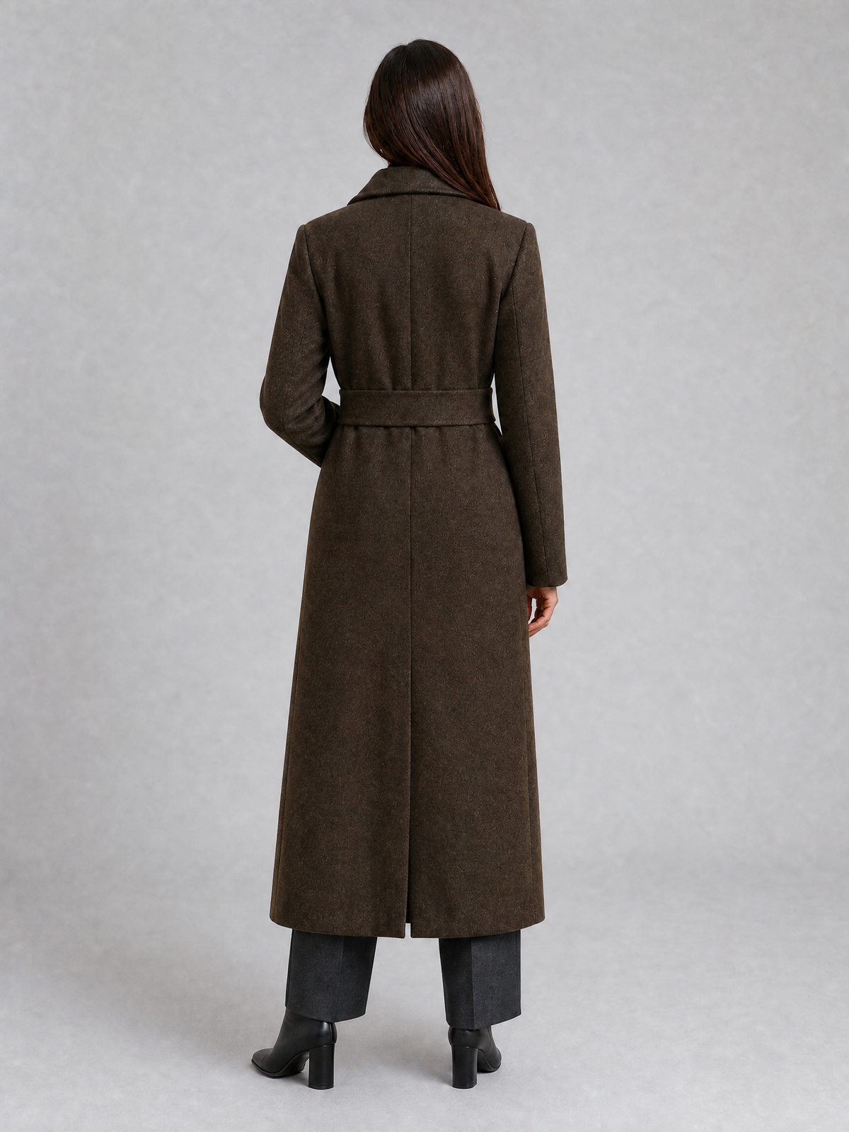 Women's Wool Blend Sharp Lapel Longline Belted Overcoat Tailored Fit