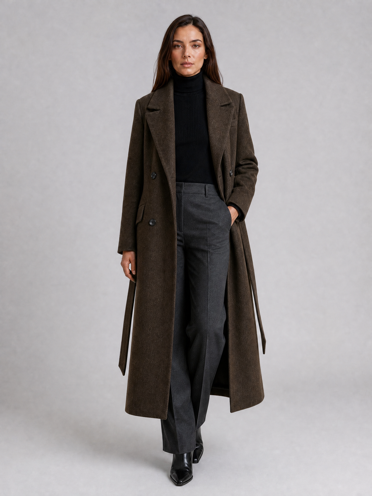 Women's Wool Blend Sharp Lapel Longline Belted Overcoat Tailored Fit