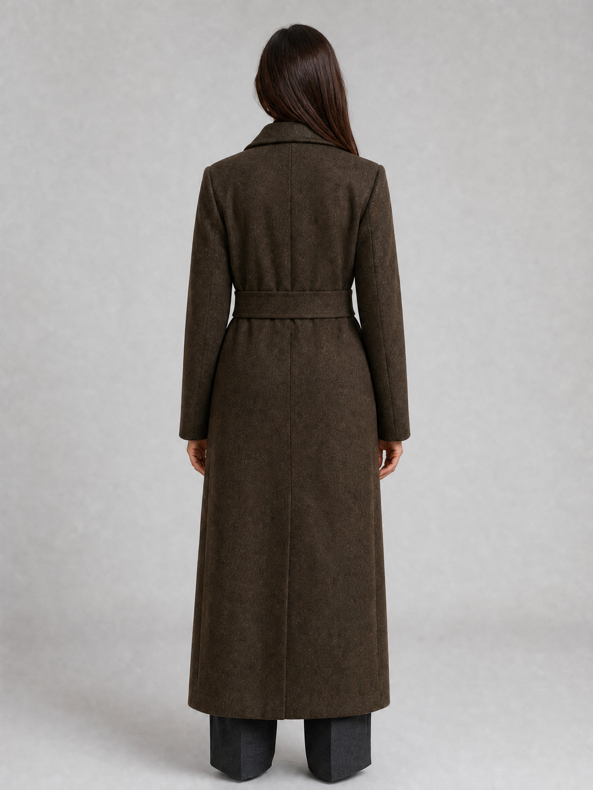 Women's Wool Blend Sharp Lapel Longline Belted Overcoat Tailored Fit