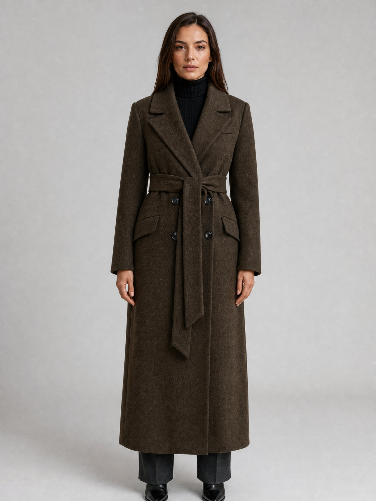 Women's Wool Blend Sharp Lapel Longline Belted Overcoat Tailored Fit
