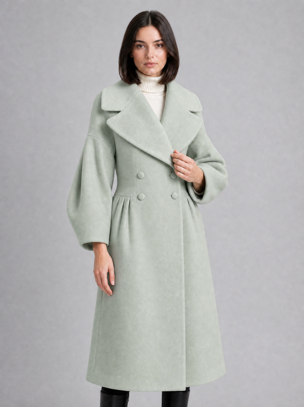 Women's Wool Blend Statement Sleeve Double Breasted Overcoat Tailored Fit