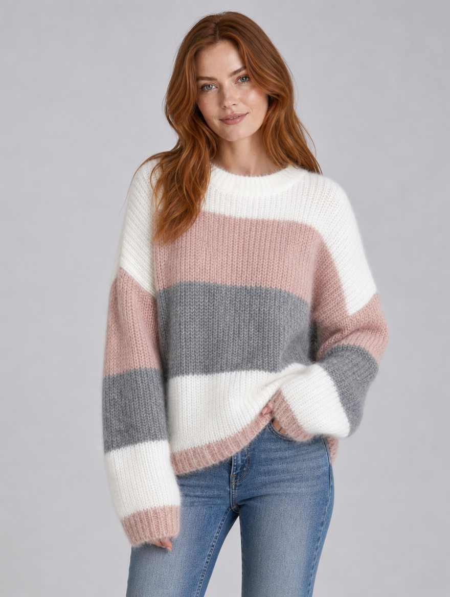 Women's Wool Blend Striped Relaxed Crew Neck Jumper - Pink colour view