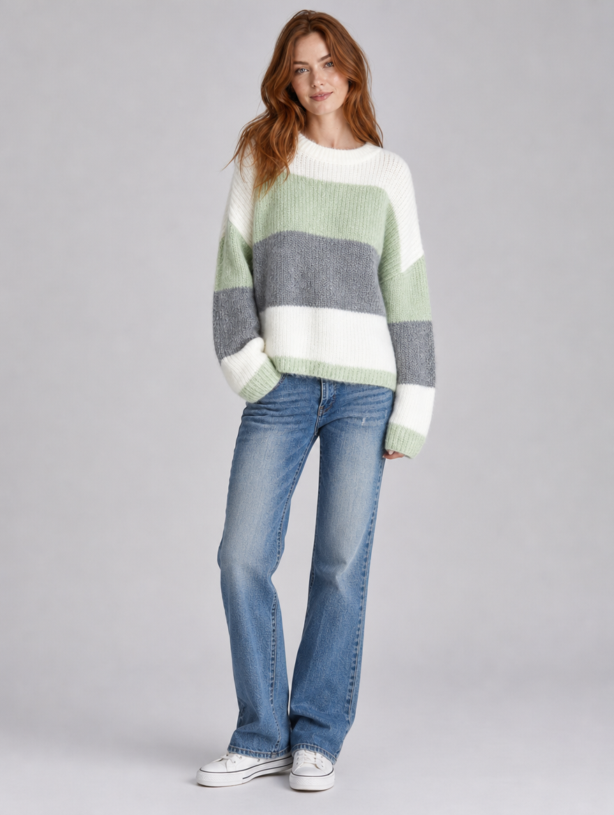 Women's Wool Blend Striped Relaxed Crew Neck Jumper - product view 1