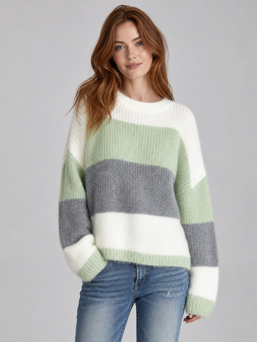Women's Wool Blend Striped Relaxed Crew Neck Jumper - Green colour view