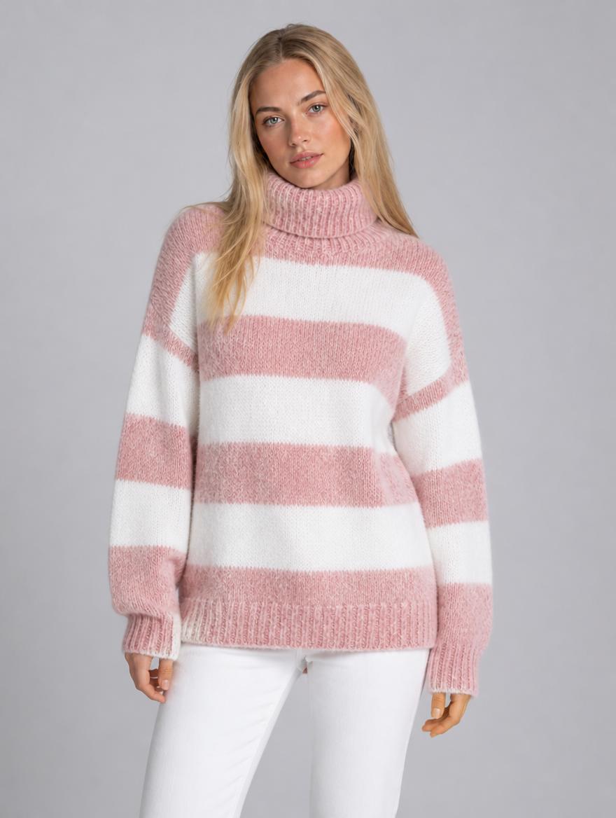 Women's Wool Blend Striped Roll Neck Relaxed Jumper - Pink colour view