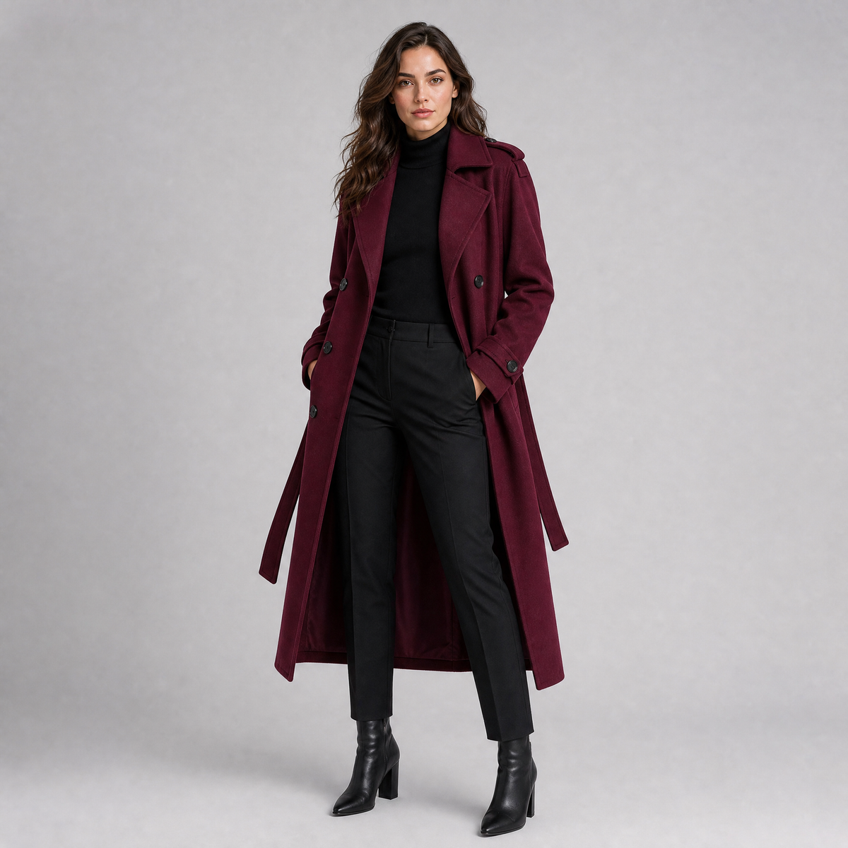 Women's Wool Double-Breasted Belted Overcoat Tailored Fit