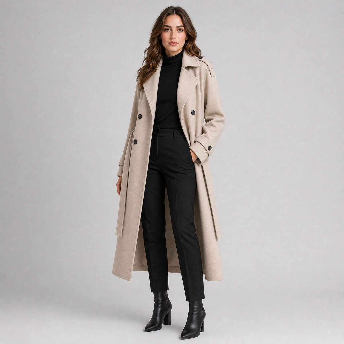 Women's Wool Double-Breasted Belted Overcoat Tailored Fit