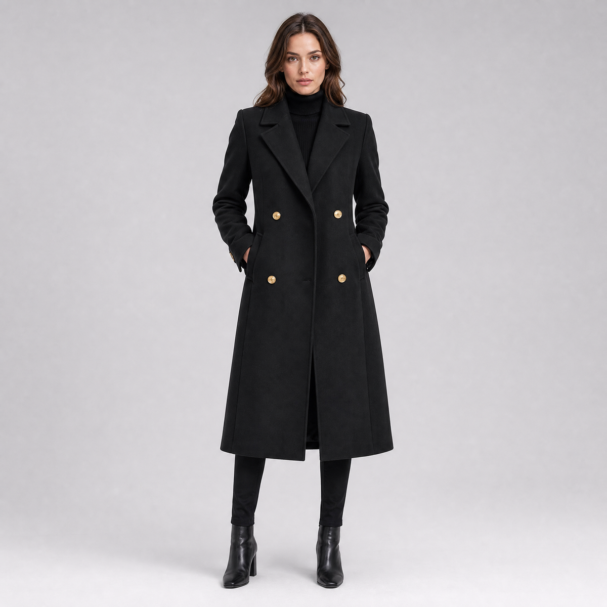 Women's Wool Double-Breasted Long Overcoat Tailored Fit