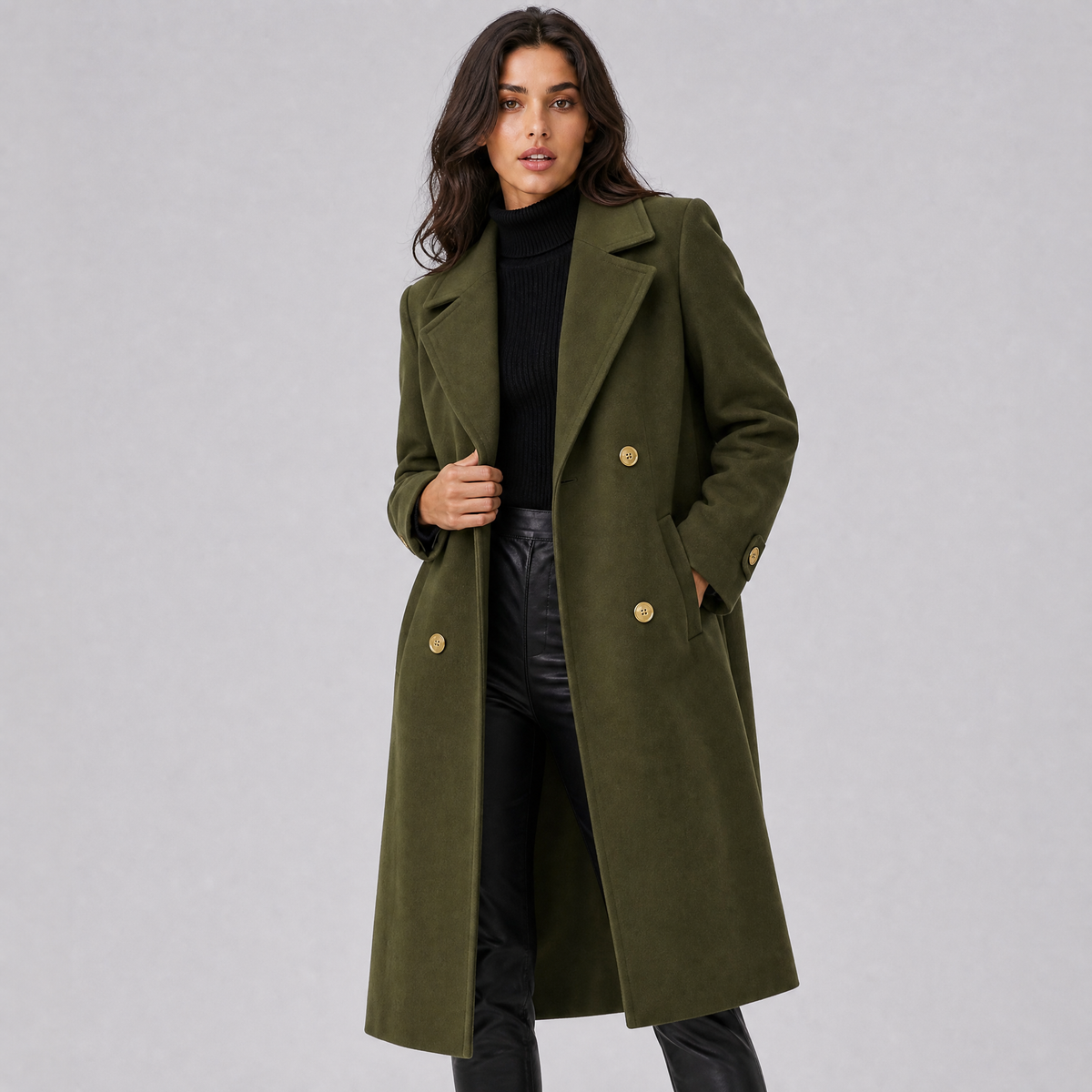 Women's Wool Double-Breasted Long Overcoat Tailored Fit