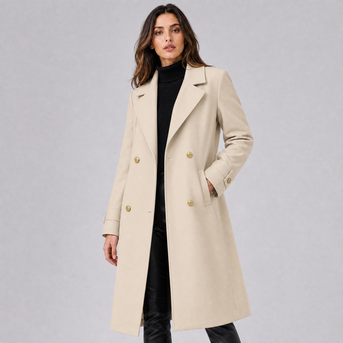 Women's Wool Double-Breasted Long Overcoat Tailored Fit