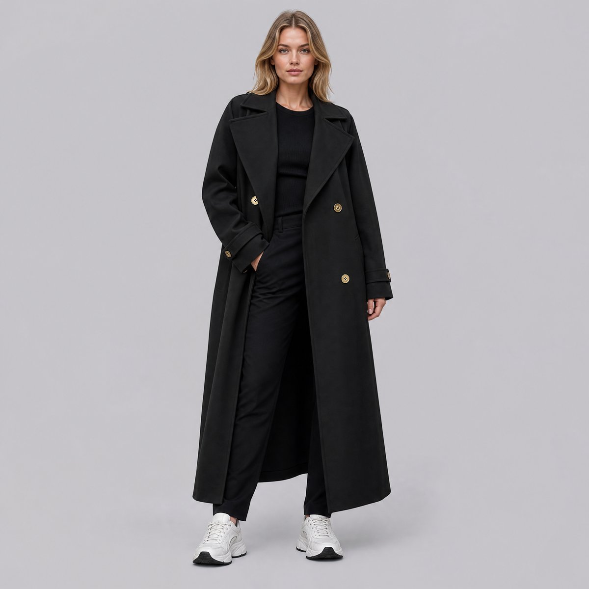 Women's Wool Double-Breasted Long Overcoat Tailored Fit