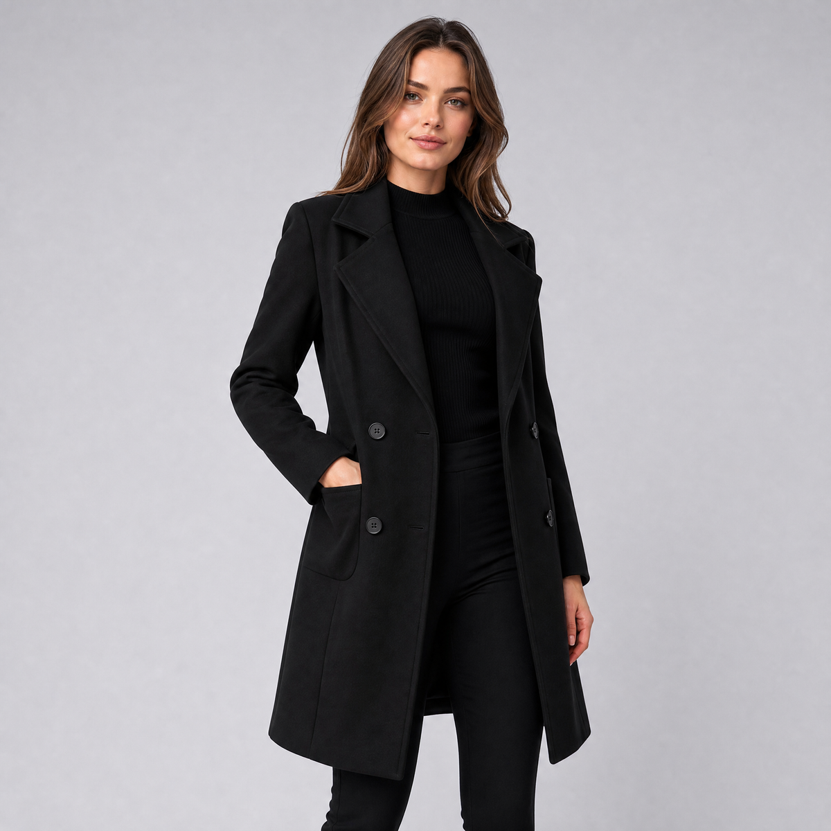 Women's Wool Double-Breasted Overcoat – Mid-Length Slim Fit