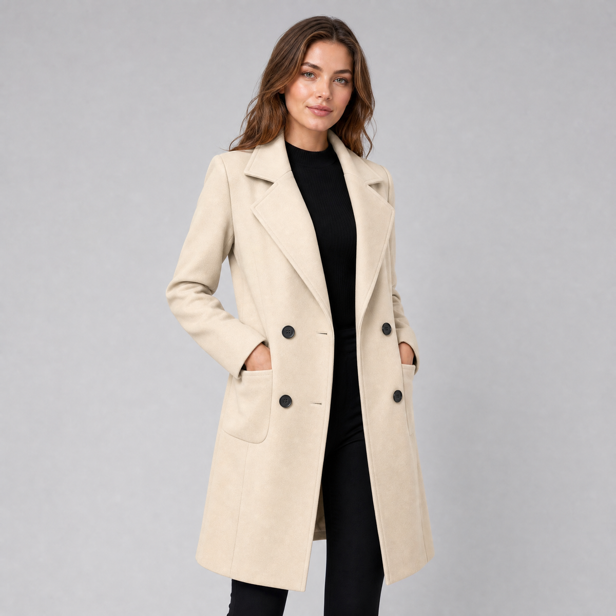 Women's Wool Double-Breasted Overcoat – Mid-Length Slim Fit