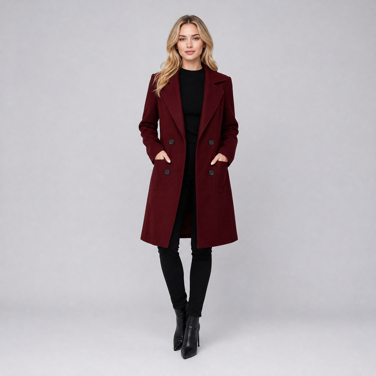 Women's Wool Double-Breasted Overcoat – Mid-Length Slim Fit
