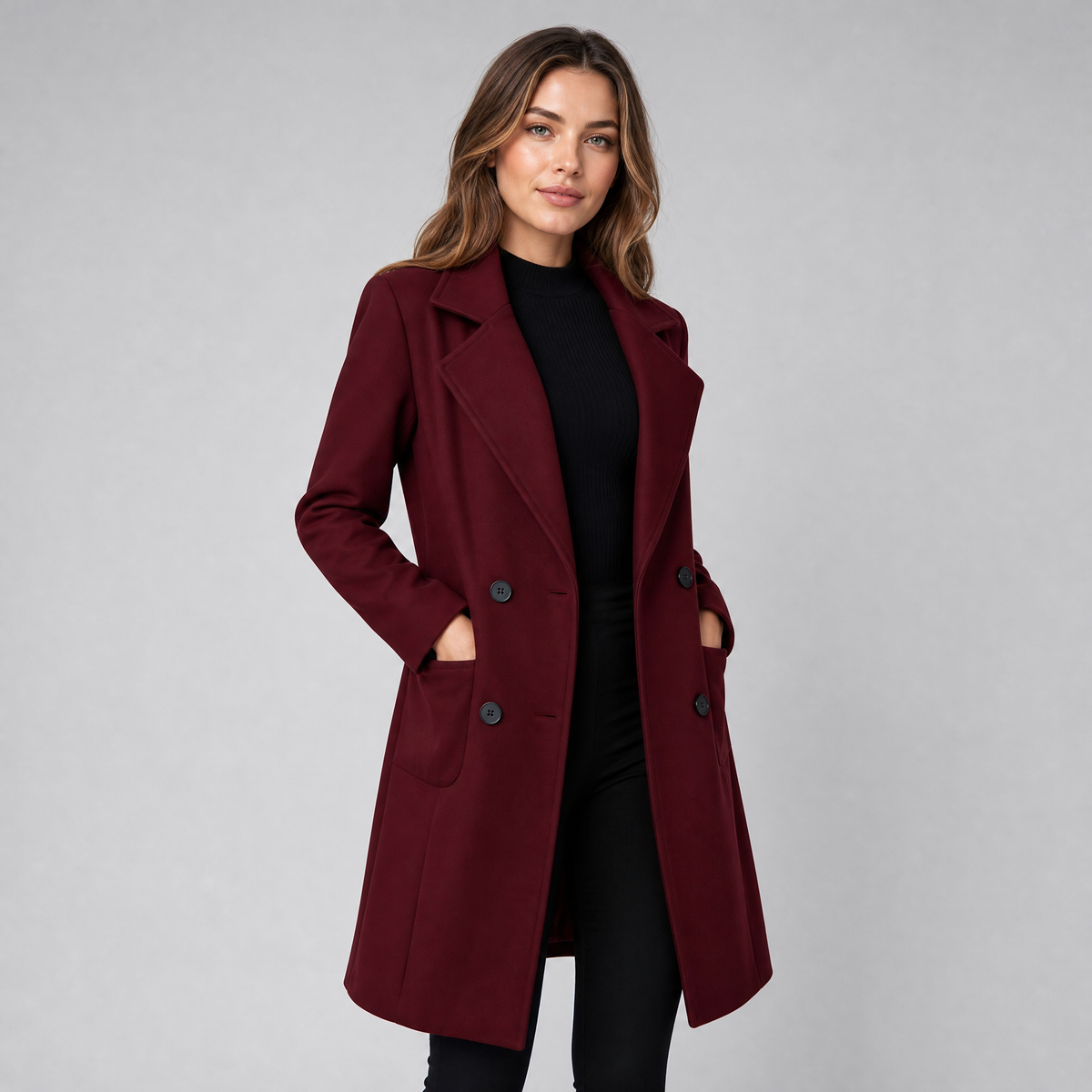 Women's Wool Double-Breasted Overcoat – Mid-Length Slim Fit