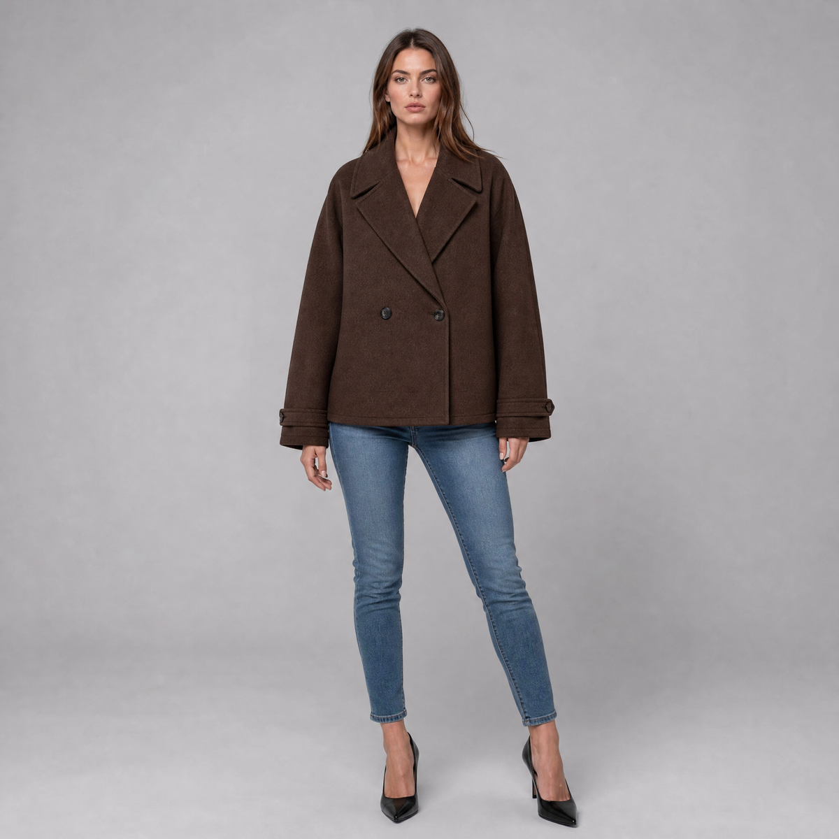 Women's Wool Double-Breasted Pea Coat – Boxy Cropped Fit
