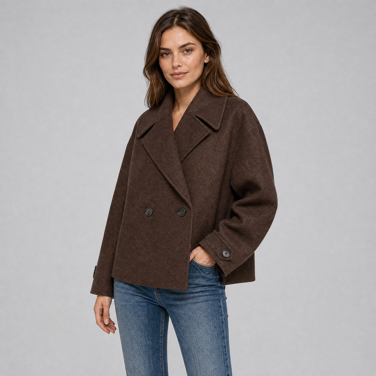 Women's Wool Double-Breasted Pea Coat – Boxy Cropped Fit