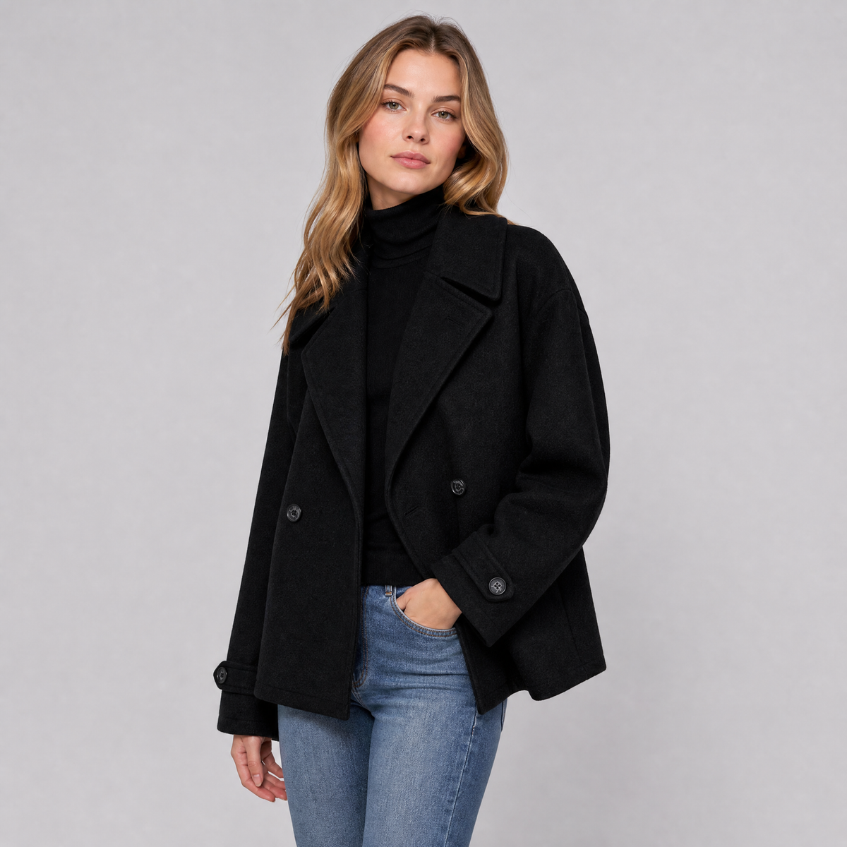 Women's Wool Double-Breasted Pea Coat – Boxy Cropped Fit
