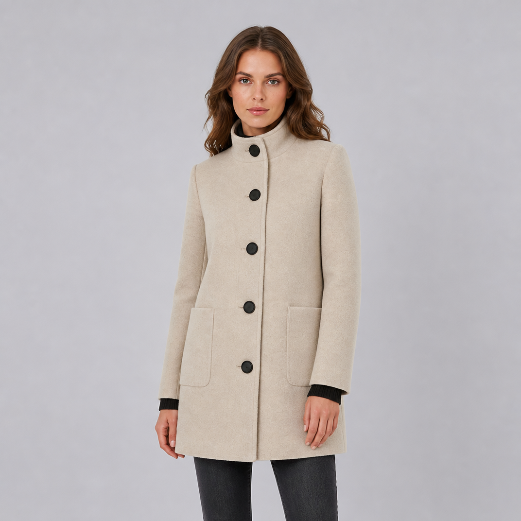 Women's Wool Stand Collar Mid-Length Coat Slim Fit