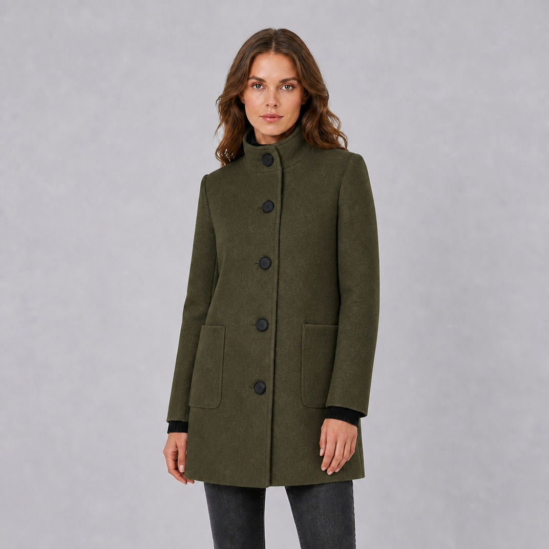 Women's Wool Stand Collar Mid-Length Coat Slim Fit