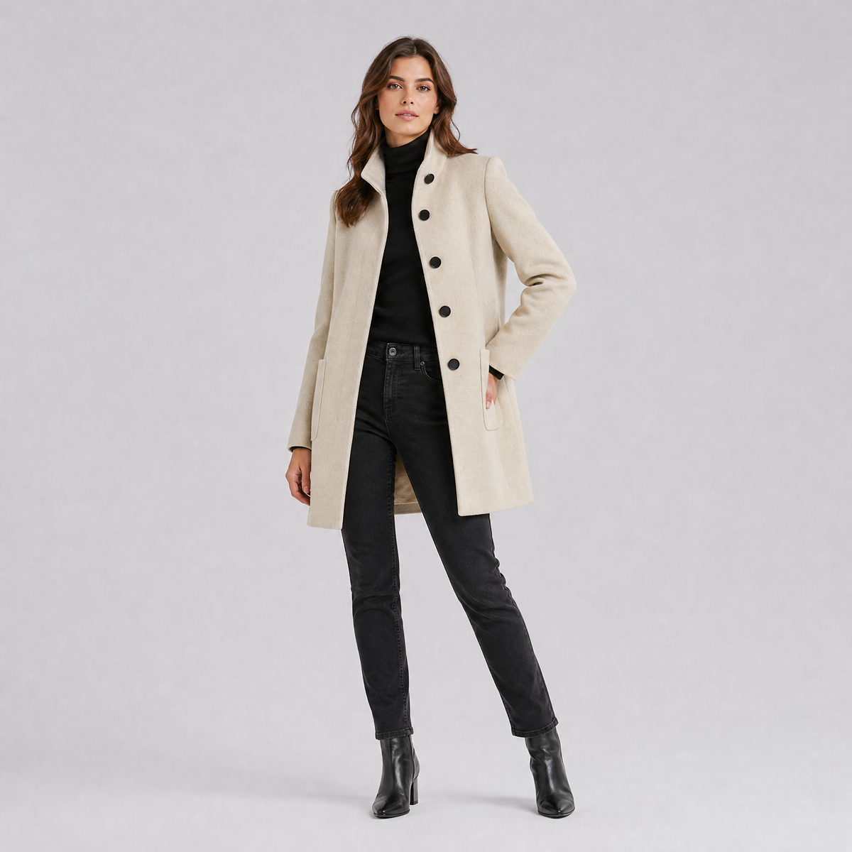 Women's Wool Stand Collar Mid-Length Coat Slim Fit