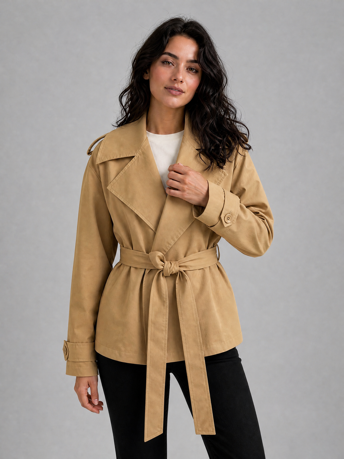 Women's Woven Brown Belted Short Trench Jacket Relaxed Fit