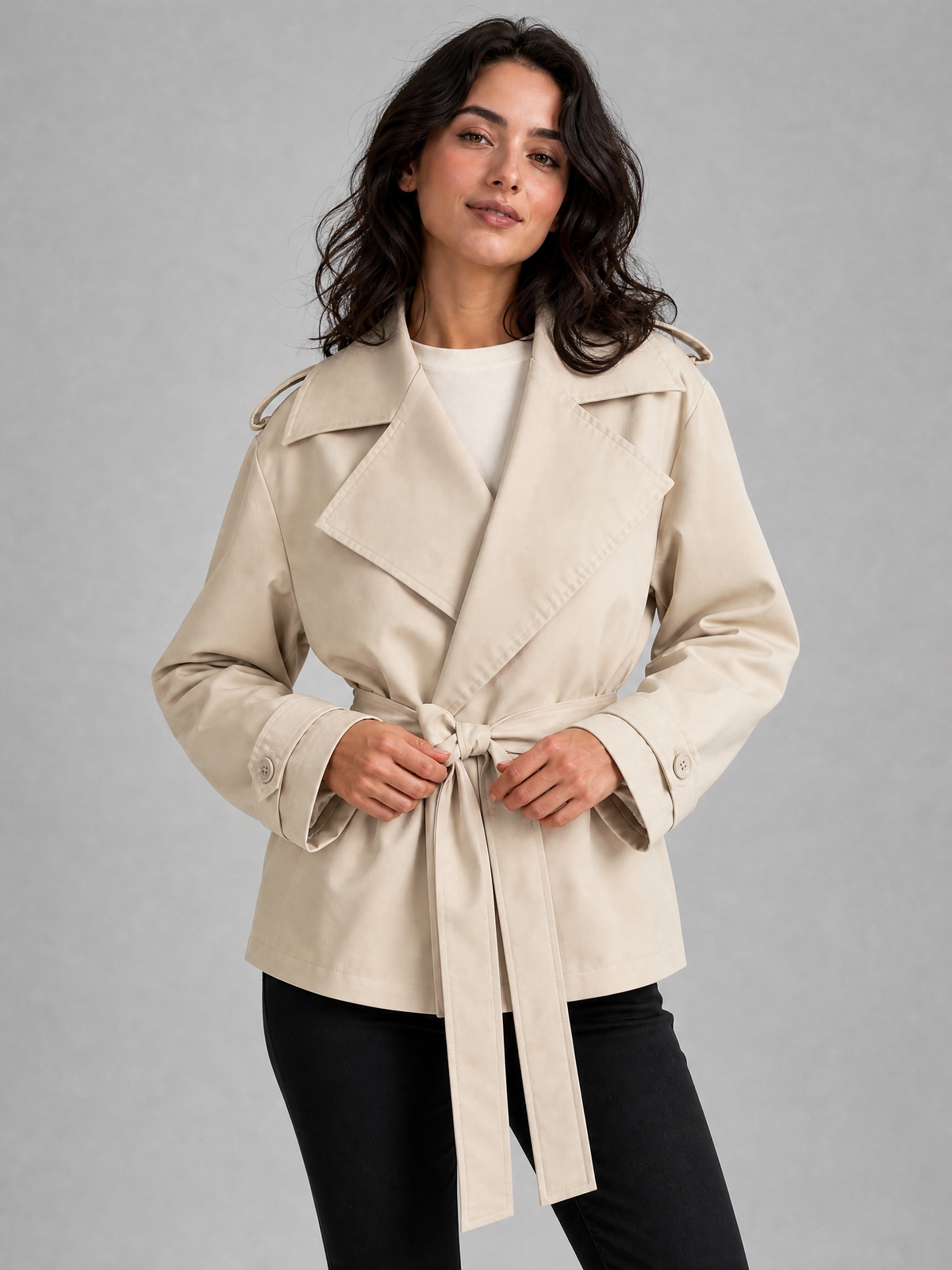 Women's Woven Brown Belted Short Trench Jacket Relaxed Fit