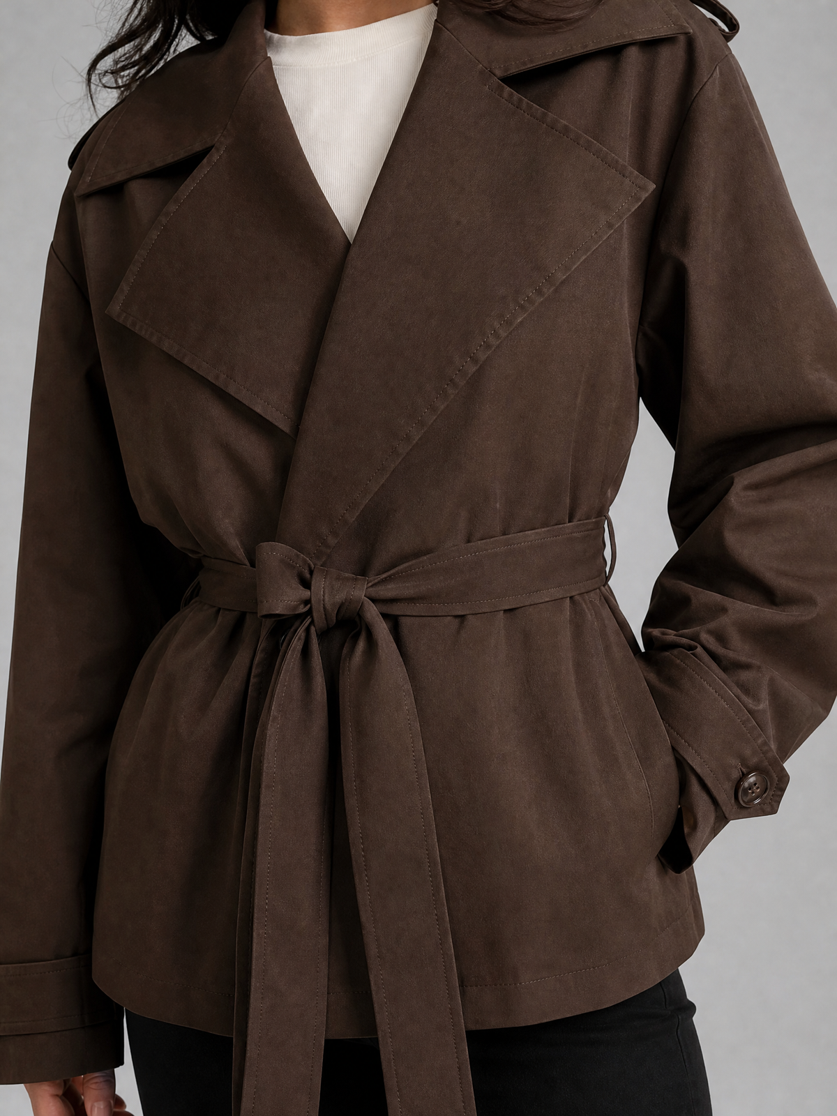 Women's Woven Brown Belted Short Trench Jacket Relaxed Fit