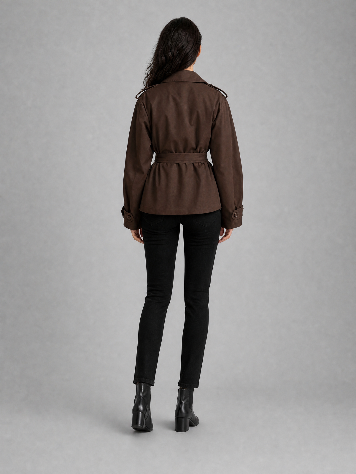 Women's Woven Brown Belted Short Trench Jacket Relaxed Fit