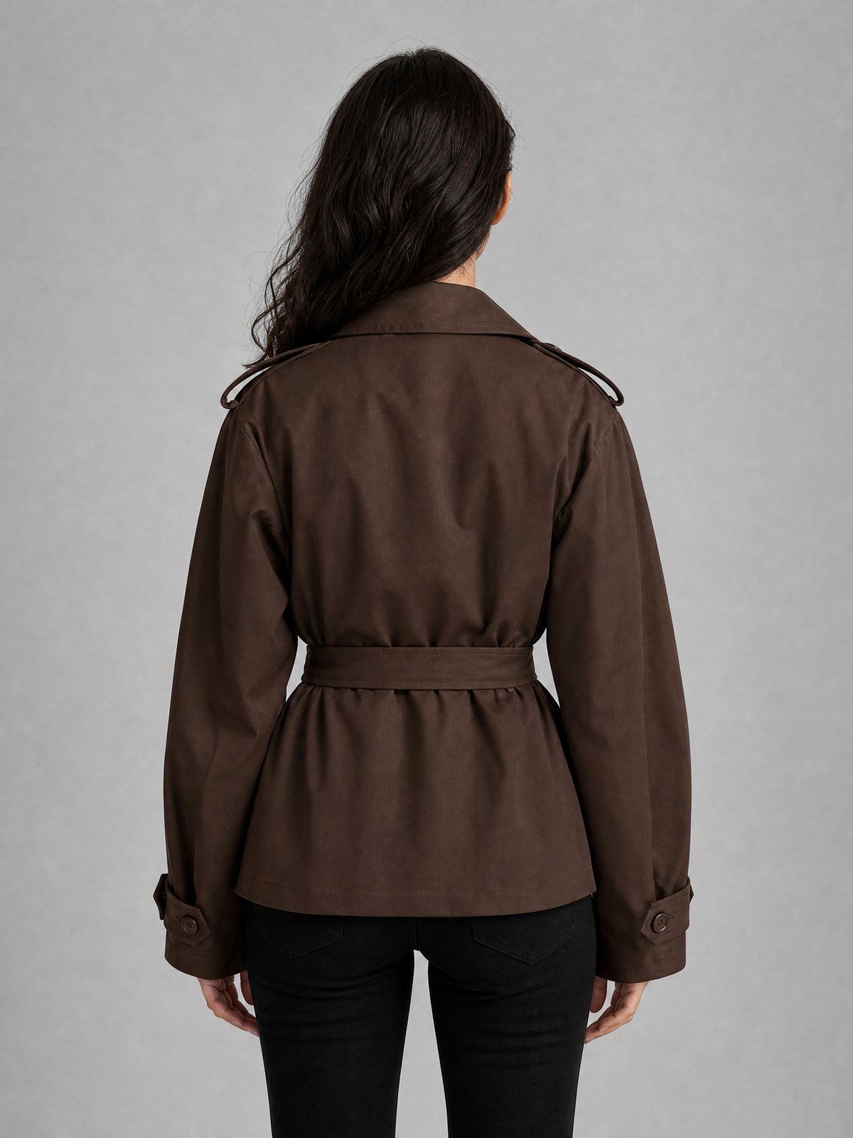 Women's Woven Brown Belted Short Trench Jacket Relaxed Fit