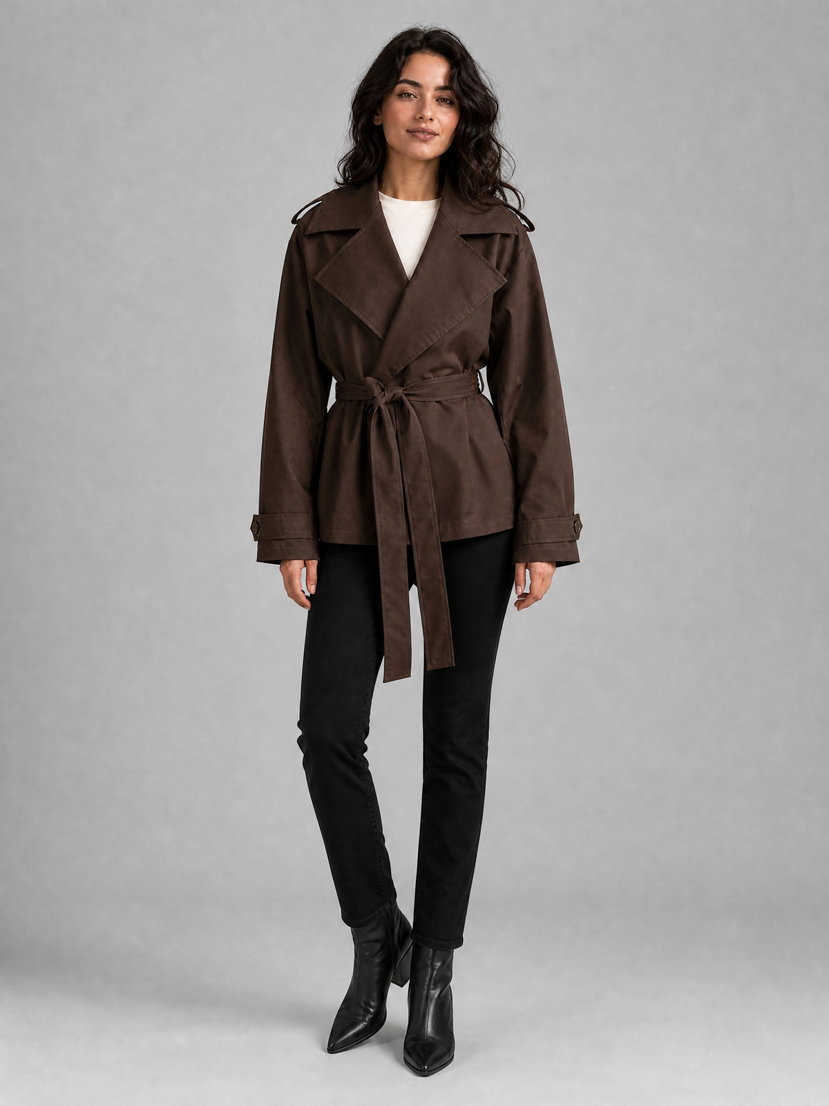 Women's Woven Brown Belted Short Trench Jacket Relaxed Fit