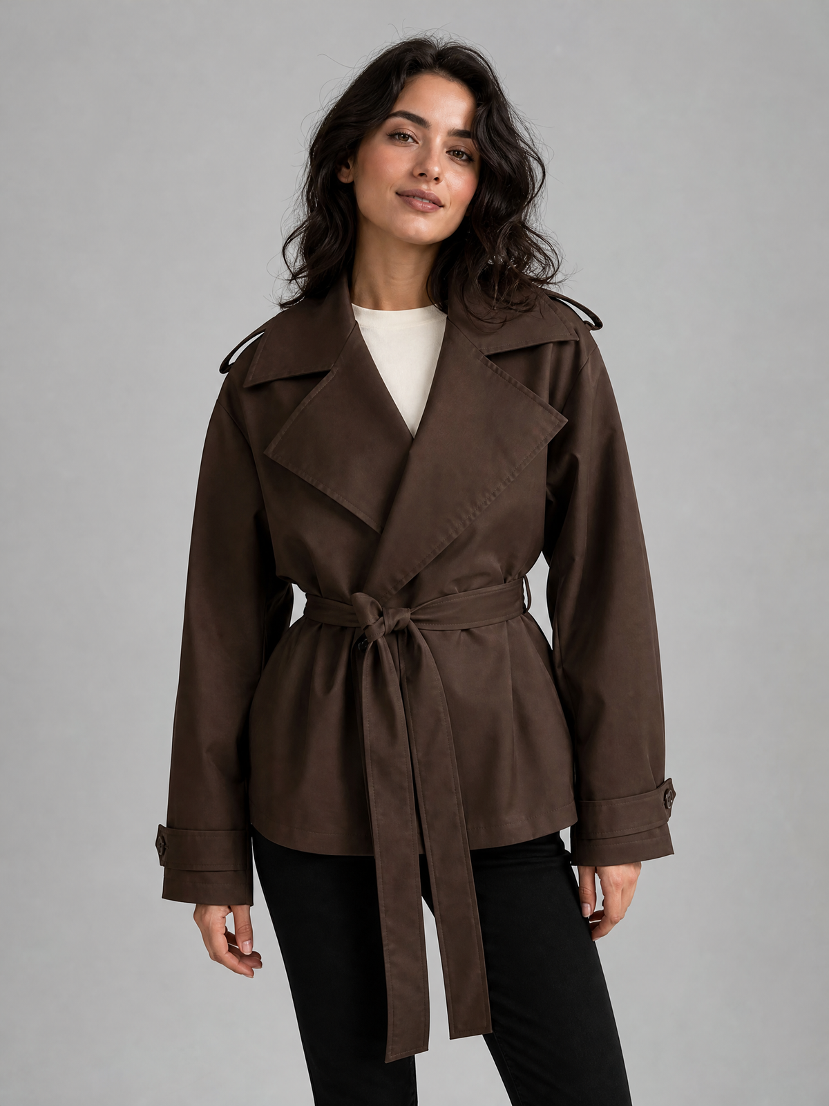 Women's Woven Brown Belted Short Trench Jacket Relaxed Fit