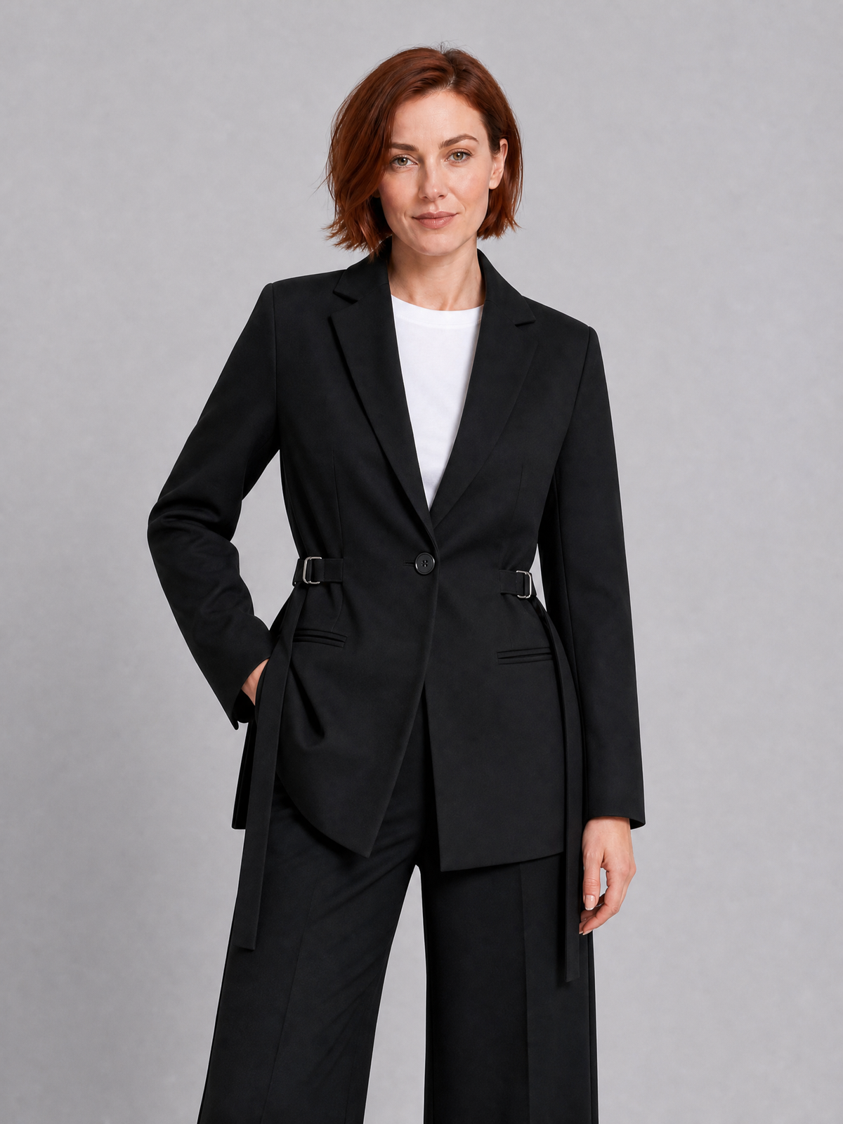 Women's Woven Brown Buckled Belted Blazer Tailored Fit