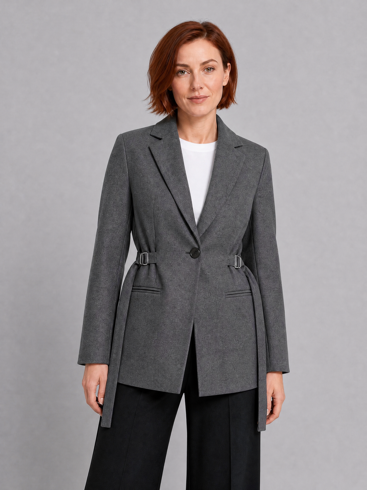 Women's Woven Brown Buckled Belted Blazer Tailored Fit