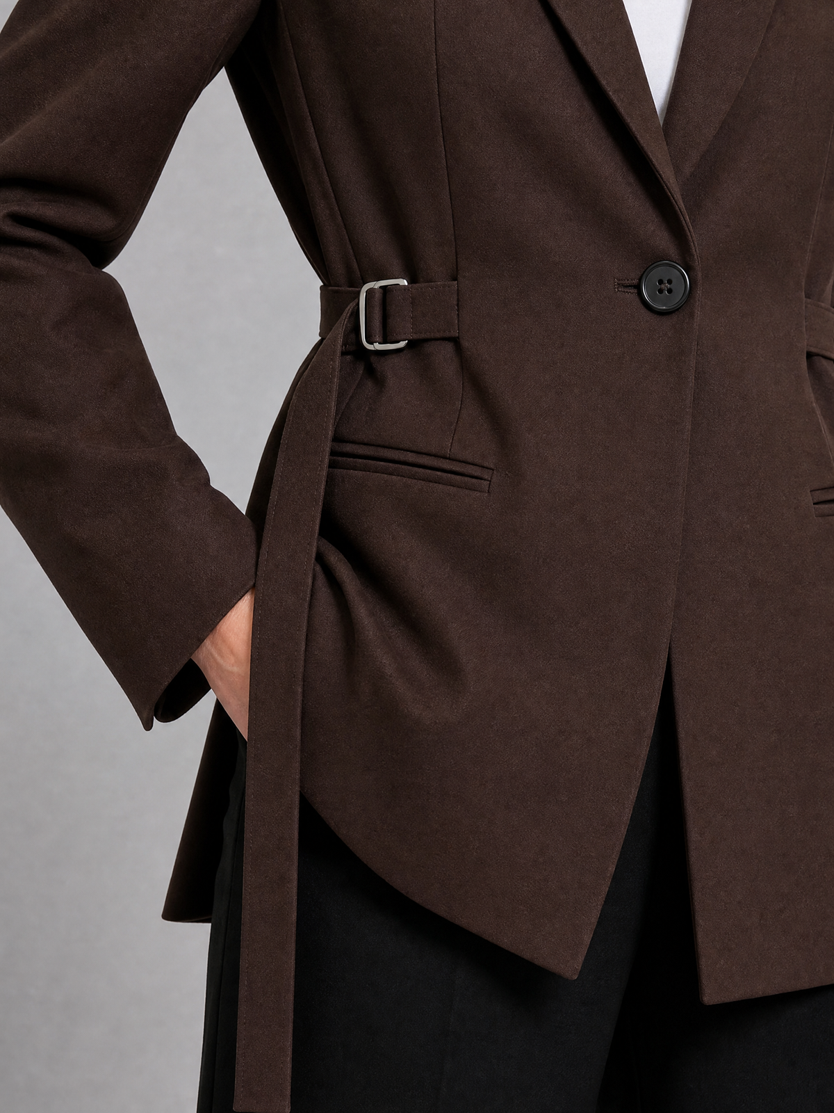 Women's Woven Brown Buckled Belted Blazer Tailored Fit