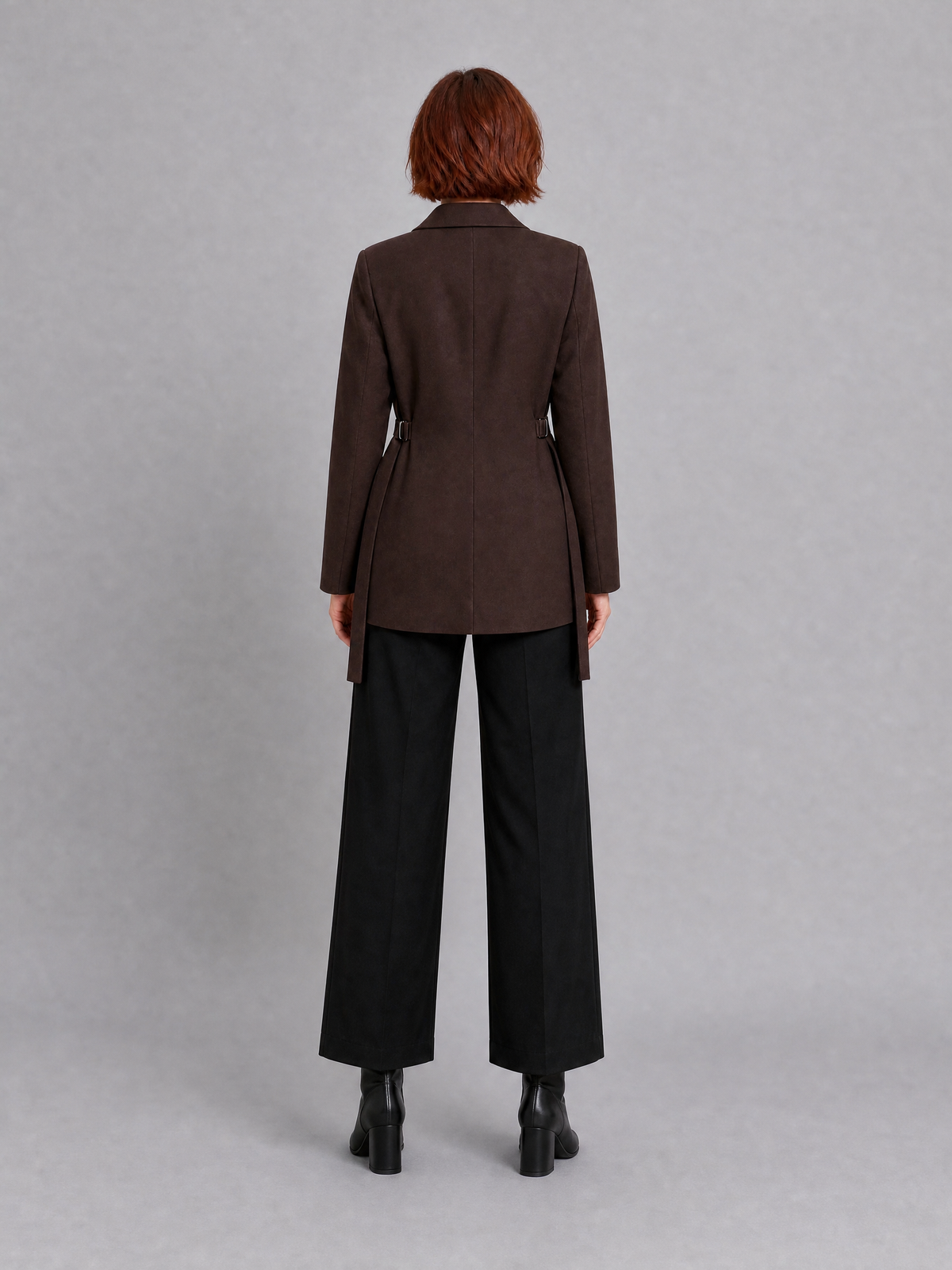 Women's Woven Brown Buckled Belted Blazer Tailored Fit