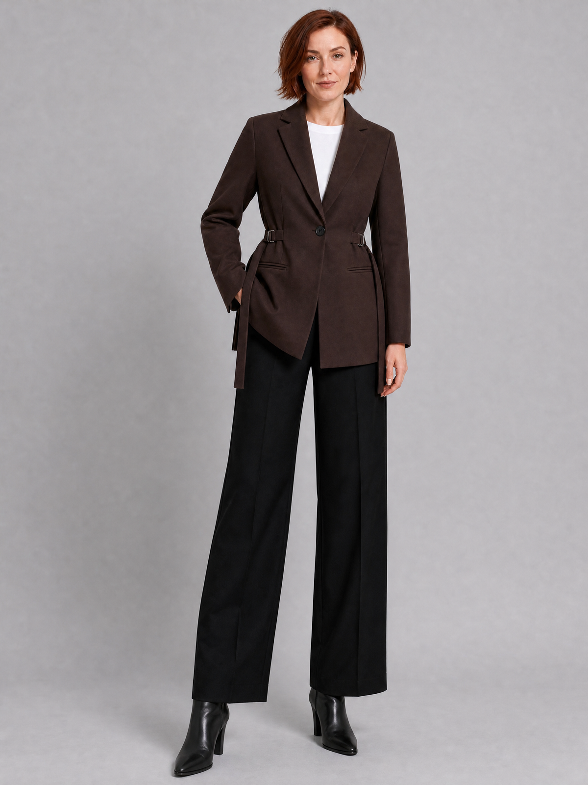 Women's Woven Brown Buckled Belted Blazer Tailored Fit