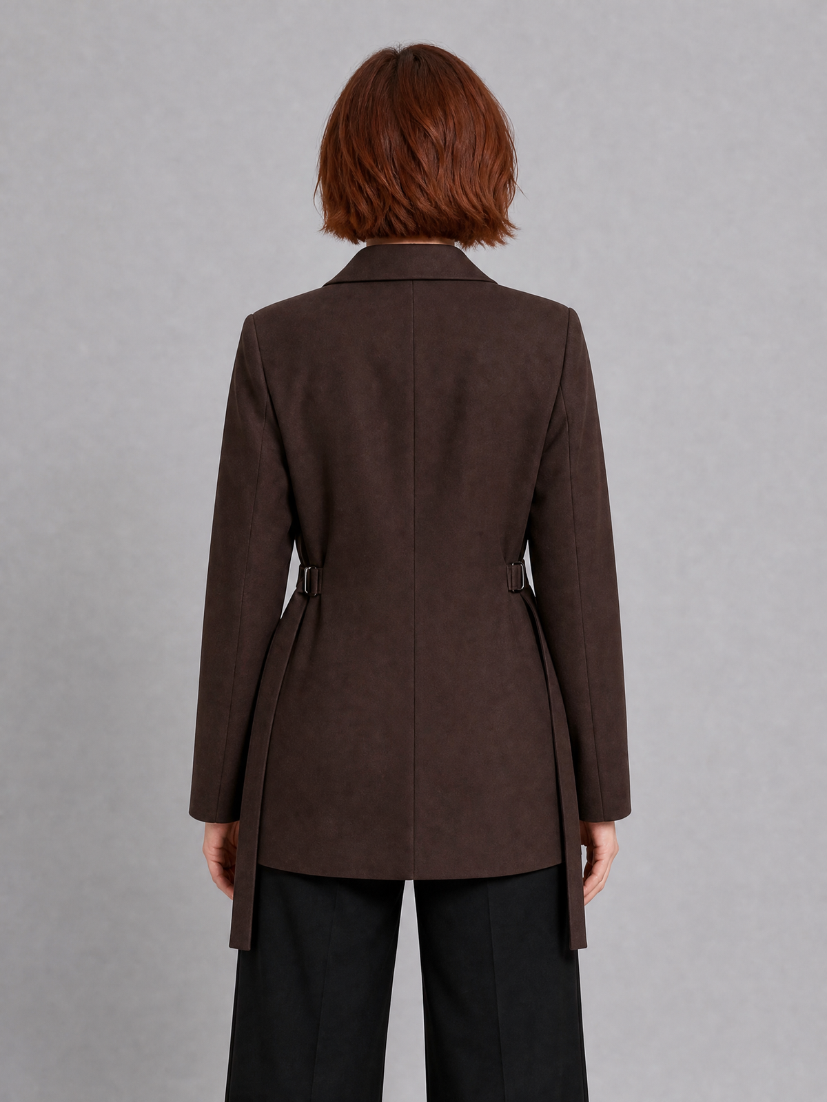Women's Woven Brown Buckled Belted Blazer Tailored Fit