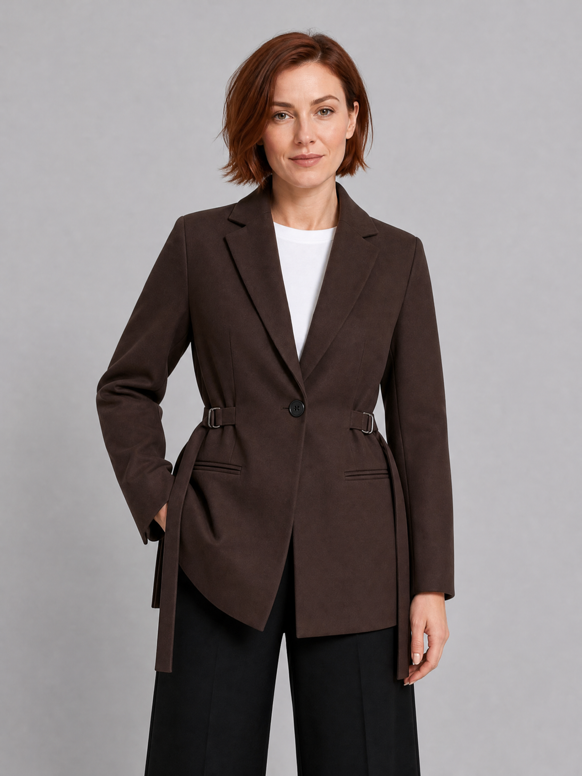 Women's Woven Brown Buckled Belted Blazer Tailored Fit